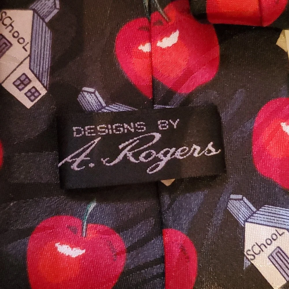 SCHOOL NECKTIE Black Tie White Schoolhouses & Bright Red Delicious Apples